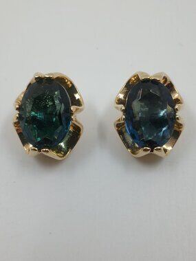 Vintage Blue Topaz Open Back Ruffled Setting Gold Tone Clip Earrings
